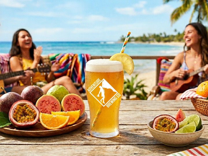 Passion orange guava shandy with people by a beach